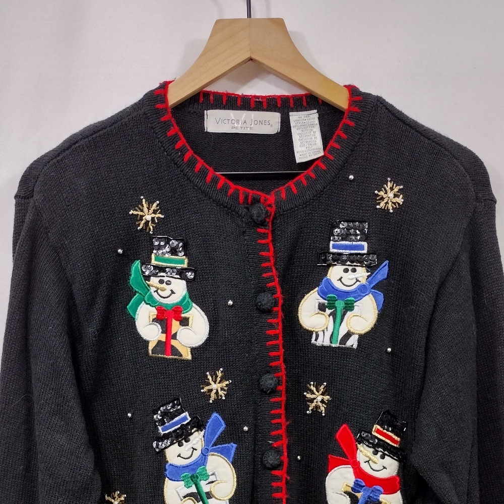 Vintage Victoria Jones Beaded Christmas Cardigan Sweater Women PXL Black Holiday - Picture 2 of 7